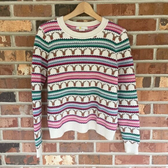 Boden Reindeer Fair Isle Christmas Cream Pink Green Holiday Sweater Size M - Picture 1 of 8